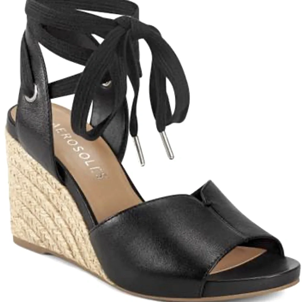 AEROSOLES Shoes $80 Women Cleverdale Leather Espadrille Wedge Sandals Size 9.5M - Picture 1 of 6